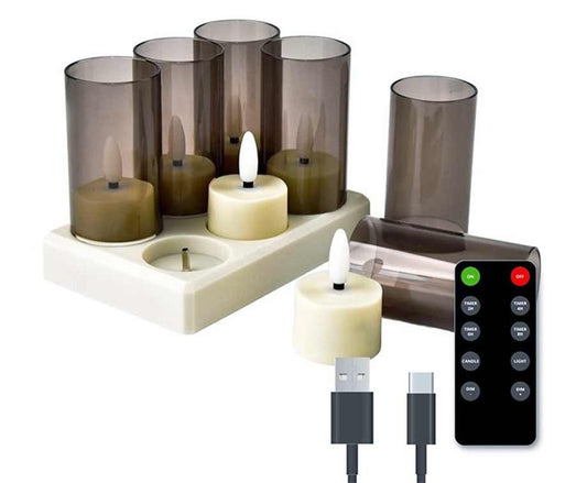 Set Van 6 Oplaadbare Waxine Lichtjes - Met Handig Oplaadstation!